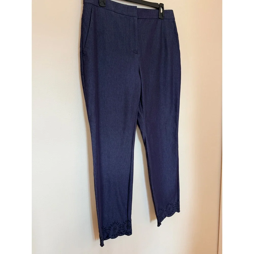 Ann Taylor Navy Blue Scalloped Embroidered Hem Ankle Pants Womens 10 Trousers